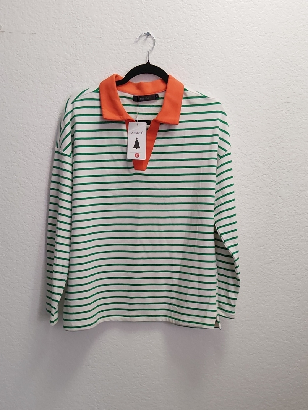 Zesica Green & White Striped Polo with Orange Trim